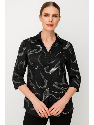 Mutlu Ertan Kadın Saten Desenli Gömlek Siyah 30395