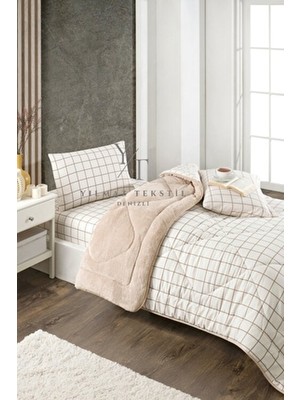 ChicMaison Tek Kişilik Pofuduk Uyku Seti Bej Wellsoft Materyal Geometrik Desen Yumuşak Konfor