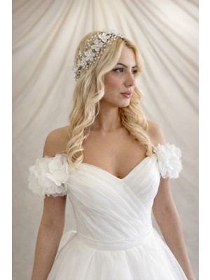 Gold Moda Çiçekli Gelin Tacı | Gelin Saç Aksesuarı | İnci Kristal Çiçekli ve Simli Taç