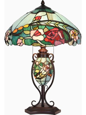 Home London Breeze L30738 El Yapımı Tiffany Vitray Gül Desenli Işıklı Tabanlı Masa Lambası 24 Inç