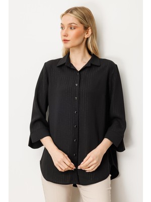 Mutlu Ertan Kadın Simli Çizgili Gömlek Siyah 30385