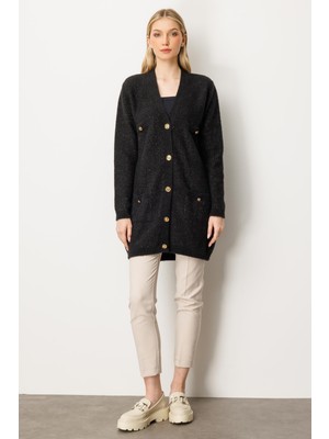 Mutlu Ertan Kadın Simli Cep Detaylı Triko Hırka Siyah 20248