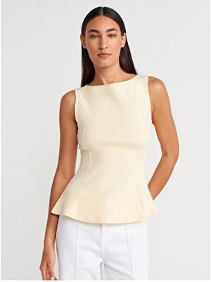 Dilvin Kayık Yaka Açık Sarı Peplum Top Polyester Regular Kalıp Kadın Bluz