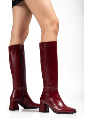 Zerenyus ZRİN-4804 Premium Bordo Kırışık Rugan Fermuarlı Topuklu Çizme