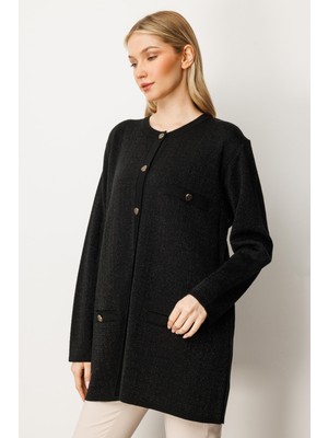 Mutlu Ertan Kadın Sim Detaylı Sıfır Yaka  Hırka Siyah 20238