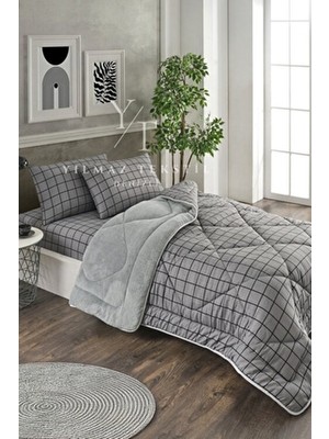 ChicMaison Füme Kare Desenli Tek Kişilik Pofuduk Uyku Seti Wellsoft Materyal 155x215 cm