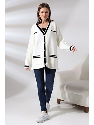 Standart Beden Kemik Renk - Gold Düğmeli Şerit Detaylı Oversize Şık Kaliteli Harika Triko Hırka