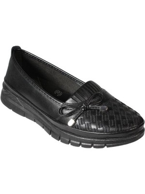 Yaz Kış Ayakkabı Yazkış Kadın Siyah  Cilt Üzeri Fiyonklu 37-41 Numara Comfort Taban Anne Ayakkabısı