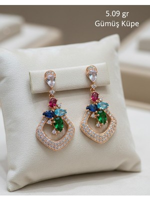 Fm Sevgililer Gününe Özel  925 Ayar Gümüş   Renkli Zirkon Taşlı Özel Tasarım Gece Işıltısı Şık Gümüş Küpe