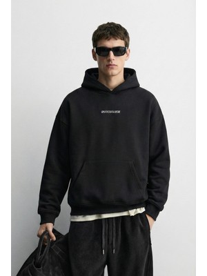 Abluka Online Unisex Oversize Savage Grafik Baskılı Kalın Kapüşonlu Sweatshirt Siyah
