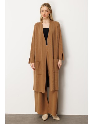Mutlu Ertan Kadın Cep Detaylı Uzun Hırka Camel 20242