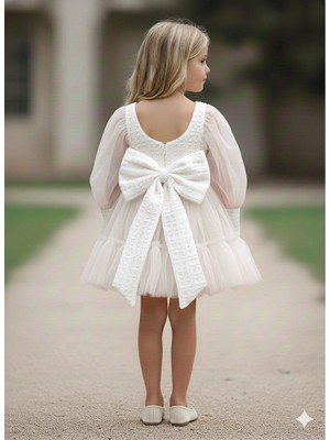 Bes Trend Kız Çocuk Bayramlık Elbise Mevsimlik Tüllü Fiyonk Lukol Detaylı 1-5 Yaş Elbise