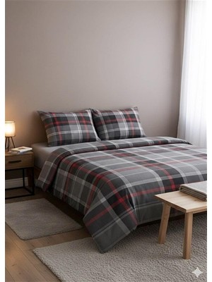 More Home  Çift Kişilik Yorgan Kılıfı + Yastık Kılıfı  (Çarşafsız) Ekose Desen Gri Beyaz