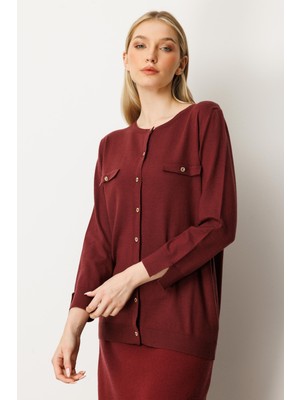 Mutlu Ertan Kadın Cep Detaylı Düğmeli Triko Hırka Bordo 20228
