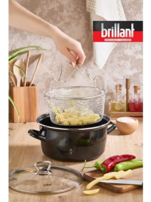 Decorev Cam Kapaklı Emaye Patates Kızartma Tenceresi Fritöz 22 cm