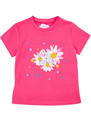 Bubuga Kız Çocuk %100 Pamuk Fuşya Hello Papatya Baskılı Kısa Kol Tshirt