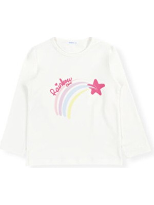 Bubuga Kız Çocuk %100 Pamuk Ekru Renk Rainbow Baskılı Uzun Kol Tshirt