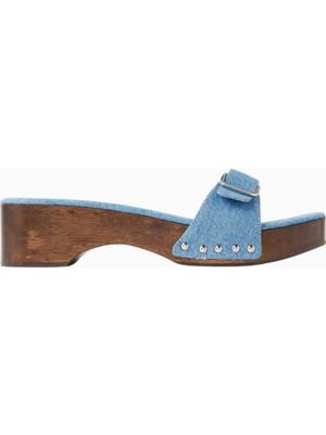 Nass Platza 40 Mavi Denim Stud Detaylı, Ahşap Tabanlı Clog