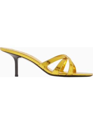By Far Julie 65 Altın Metalik Deri Mules, Çapraz Bantlı ve 65MM Ince Topuk