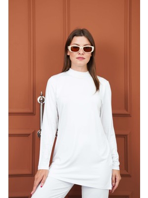 Penye Bizden Viskon Dik Yaka Tunik -Beyaz