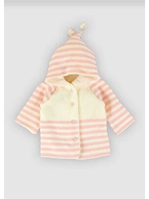 Buufuu Unisex Kapşonlu Ponponlu Uzun Kollu Çizgili 2 Kat Hırka Pamuk Düz Desen Pembe