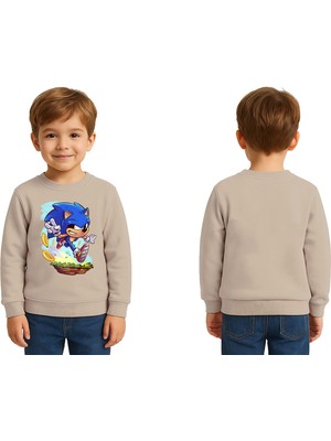 Sedirli Unisex Sonic Baskılı Çocuk Swaetshirt 3 Iplik Şardonlu