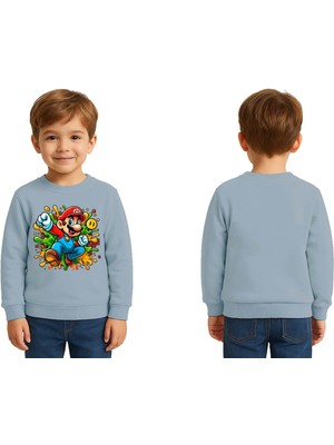 Sedirli Unisex Super Marıo Baskılı Çocuk Swaetshirt 3 Iplik Şardonlu