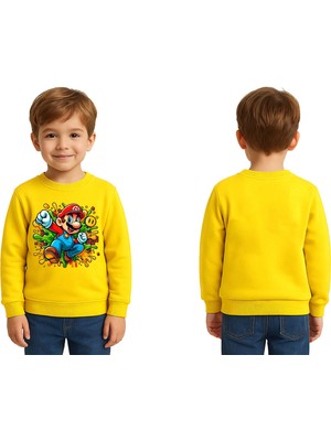 Sedirli Unisex Super Marıo Baskılı Çocuk Swaetshirt 3 Iplik Şardonlu