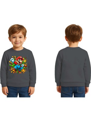 Sedirli Unisex Super Marıo Baskılı Çocuk Swaetshirt 3 Iplik Şardonlu