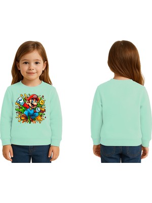 Sedirli Unisex Super Marıo Baskılı Çocuk Swaetshirt 3 Iplik Şardonlu