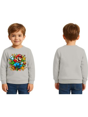 Sedirli Unisex Super Marıo Baskılı Çocuk Swaetshirt 3 Iplik Şardonlu