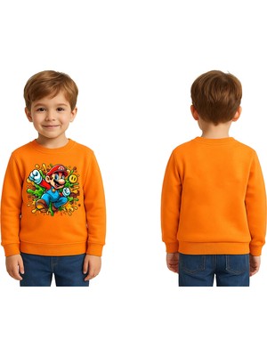 Sedirli Unisex Super Marıo Baskılı Çocuk Swaetshirt 3 Iplik Şardonlu