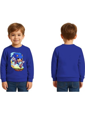 Sedirli Unisex Sonic Baskılı Çocuk Swaetshirt 3 Iplik Şardonlu