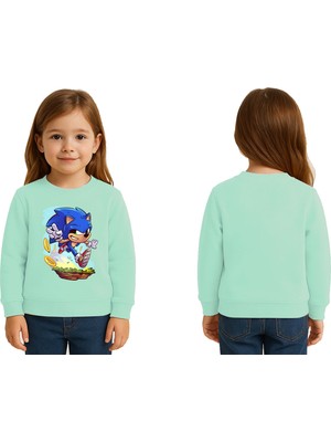 Sedirli Unisex Sonic Baskılı Çocuk Swaetshirt 3 Iplik Şardonlu