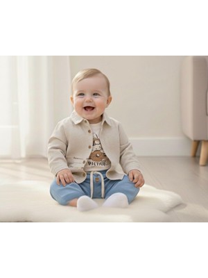 Baby Hola Pilot Tavşan Baskılı Müslin Kumaş Erkek Bebek Üçlü Takım Set Babyhola