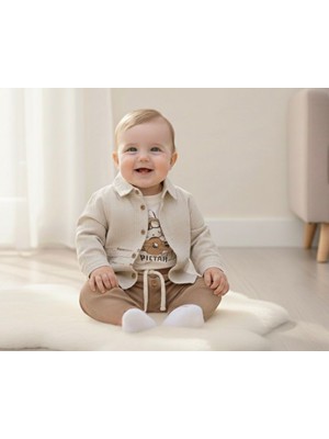 Baby Hola Pilot Tavşan Baskılı Müslin Kumaş Bebek Erkek Üçlü Takım Set Babyhola