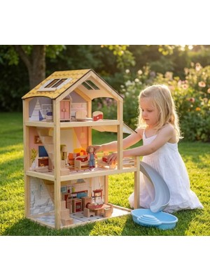 Toysilla Ahşap Kaydıraklı Oyun Evi 3 Katlı Eşyalı ve 3 Adet Insan Figürlü Havuzlu Montessori Çocuk Bebek Evi
