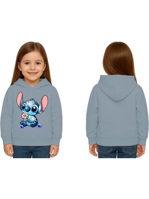 Sedirli Unisex Stitch Baskılı Çocuk Swaetshirt Baskılı Kapüşonlu 3 Iplik Şardonlu