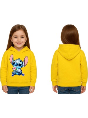 Sedirli Unisex Stitch Baskılı Çocuk Swaetshirt Baskılı Kapüşonlu 3 Iplik Şardonlu