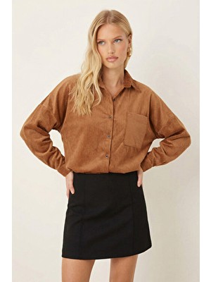 Armonika Kadın Camel Cepli Oversize Ince Fitilli Kadife Gömlek ARM-24K001076