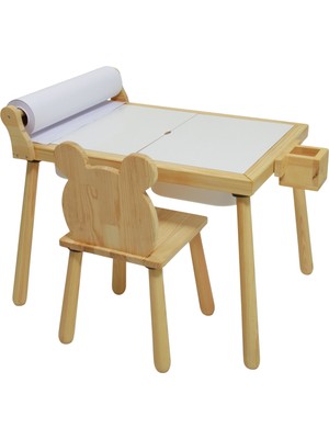 Joy Kids Toy Rulo Aparatlı Doğal Ahşap Duyusal Çocuk Aktivite Masası Oyun Masası 1 Adet Ayı Sandalye