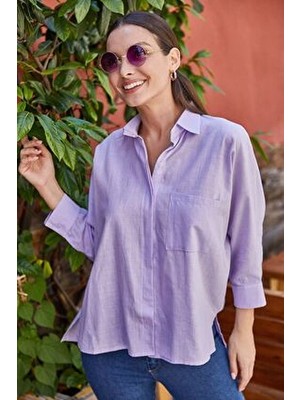 Armonika Kadın Lila Cepli Salaş Keten Gömlek ARM-21Y001035