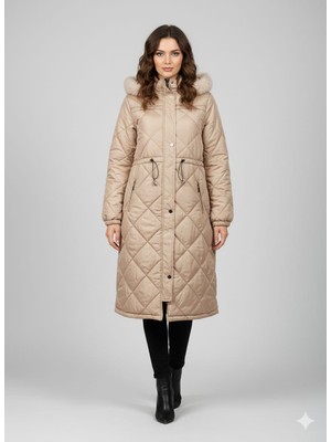 Kmk Kombin Kadın Su Geçirmez Uzun Kürklü Kapüşonlu Belden Büzgülü Kapitone Mont Kaban