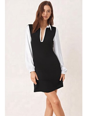 Armonika Kadın Siyah-Kareli Gömlek Yaka Uzun Kollu Mini Elbise ARM-25K001050