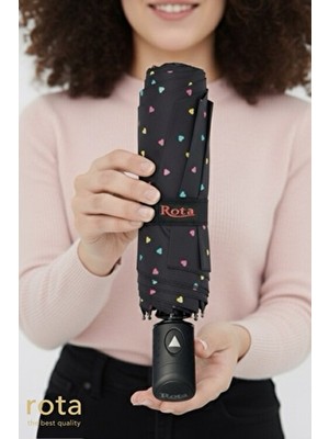 Rota Rüzgara Dayanıklı 10 Telli Yarım Otomatik Fiber Telli Otomatik Açılır Şemsiye - 3030W - Kalpli Siyah