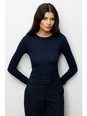 Mixray 4798 Kadın Bisiklet Yaka Uzun Kollu Basic Bluz Lacivert