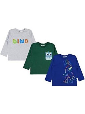 Civil Boys 2-4 Yaş Uzun Kollu Sweatshirt Seti Erkek Çocuklar İçin Renkli Dıno Baskılı 3'lü