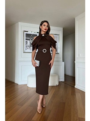Neşeli Butik Kadın Omuz Detaylı Toka Kemerli Midi Boy Elbise NBNC110095