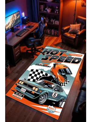 Charmbi Yarış Arabası Desenli Kaymaz Taban Makinede Yıkanabilir Gaming Oyuncu Gamer Genç Odası Halısı