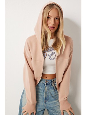 Happiness İstanbul Kadın Bisküvi Kapüşonlu Şardonlu Fermuarlı Sweatshirt OW00051